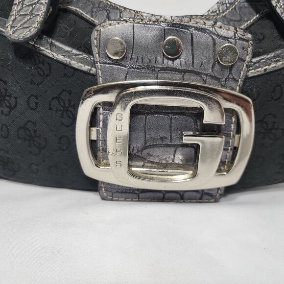 Guess Vintage Black Logo Mini Shoulder Bag Silver G Buckle Croc Embossed Y2K - Picture 3 of 13